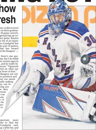  ??  ?? HENRIK ON A HEATER: Henrik Lundqvist, making a save Thursday against the Maple Leafs, has broken out of his midseason malaise and the Rangers are 8-1-1 in their past 10 games. AP