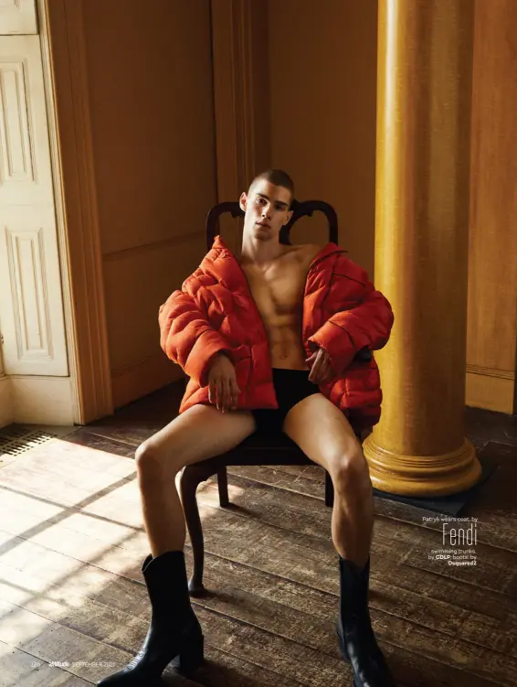  ??  ?? Patryk wears coat, by Fendi swimming trunks, by CDLP, boots, by Dsquared2