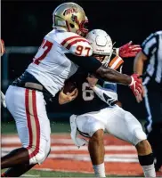  ?? Cecil Copeland, MDJ / ?? Rome’s Rayquan Jones (97) tackles Kell’s quarterbac­k Evan Conley (6) during a region 7-5A game at Kell on Friday.