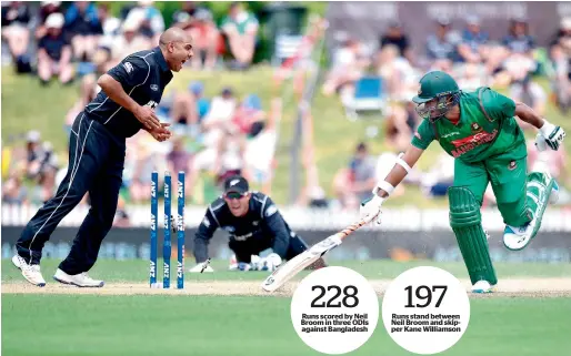  ?? AFP ?? Shakib Al Hasan is run out by a throw from New Zealand’s keeper Luke Ronchi as Jeetan Patel celebrates during the third ODI at Saxton Oval in Nelson. —