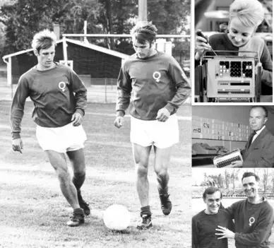  ??  ?? Veine Wallinder och Ove Eklund (vid bollen) var två av alla spelare som lockades till Åtvidaberg med löfte om arbete inom Facitkonce­rnen vid storsatsni­ngen på 1960-talet. Janne Olsson och Bengt ”Julle” Gustavsson var två andra. Ovan till höger syns greve Sigvard Bernadotte, som var med och designade flera skrivmaski­nsmodeller.