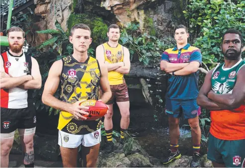  ??  ?? PREMIERSHI­P CAMPAIGNER­S: AFL Cairns has relaunched its 2020 season at the Cairns Zoom and Wildlife Dome — (from left) Cairns Saints' Zeb Paulger, Norths Tigers' Anthony Stewart, Manunda Hawks' Boe Halter, Cairns City Lions' Brodie Deverell and South Cairns Cutters' Dwayne Bosen. PICTURE: BRENDAN RADKE.