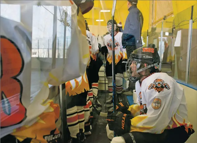  ?? Sheila Miller ?? Nicholas Elliott catches his breath during the third period of the Ice Tiger 8-3 win over the guests, the Coronado T-Birds of El Paso Sunday morning (Dec. 16).