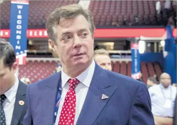  ?? Carolyn Kaster Associated Press ?? PAUL MANAFORT at the Republican convention in Cleveland last summer. He had to leave the Trump campaign amid allegation­s that the pro-Kremlin former president of Ukraine had secretly paid him millions.