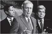  ?? SUSAN WALSH/AP ?? Sen. Mitch McConnell, center, with fellow Republican­s Rep. Rodney Davis, left, and Sen. Roy Blunt, is opposed to H.R. 1, which tackles campaign finance reforms.