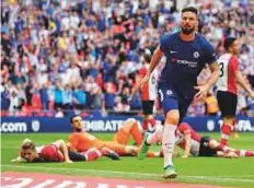  ?? AP ?? ■ Chelsea’s Olivier Giroud celebrates after scoring his side opening goal during the FA Cup semi-final against Southampto­n at the Wembley Stadium in London yesterday.