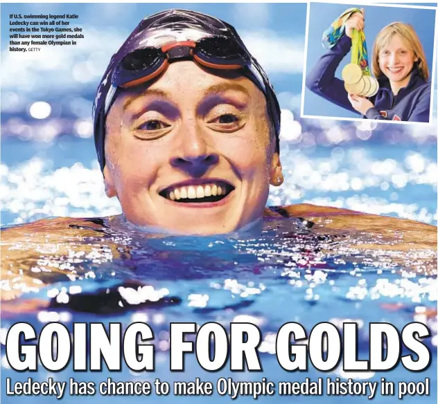  ?? GETTY ?? If U.S. swimming legend Katie Ledecky can win all of her events in the Tokyo Games, she will have won more gold medals than any female Olympian in history.