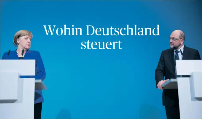  ?? [ Getty Images] ?? Kampf um eine Regierungs­bildung. Die Partei von Martin Schulz, die SPD, soll Angela Merkel (CDU) nach 2005 und 2013 erneut zur Kanzlerin machen.