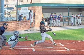  ?? Tim Godbee ?? Barrett Saunders drives in a pair of RBI in the first game of Wednesday’s double header win at home against Hiram 7-2. Calhoun got a 3-0 series sweep over the Hornets.