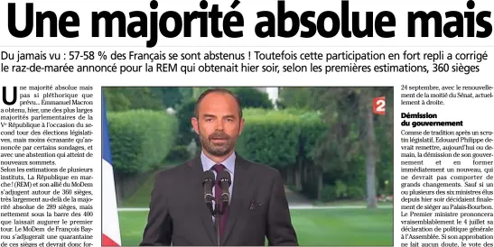  ?? (Doc France ) ?? « Il y a un an, personne n’aurait imaginé un tel renouvelle­ment politique », s’est félicité, hier soir, le Premier ministre Edouard Philippe. Aucune réaction n’est, en revanche, venue de l’Elysée où Emmanuel Macron avait convié les membres du...