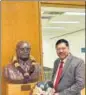  ?? ?? Justice Gavai pays homage to BR Ambedkar’s bust at Columbia University library.