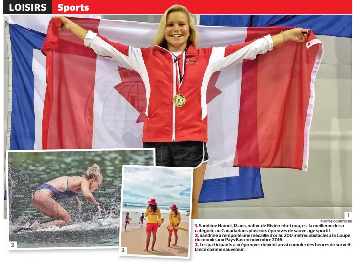  ??  ?? 1. Sandrine Hamel, 18 ans, native de Rivière-du-Loup, est la meilleure de sa catégorie au Canada dans plusieurs épreuves de sauvetage sportif. 2. Sandrine a remporté une médaille d’or au 200 mètres obstacles à la Coupe du monde aux Pays-Bas en novembre...