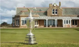  ??  ?? The Claret Jug sits outside the clubhouse at Royal Troon. Photograph: Danny Lawson/PA