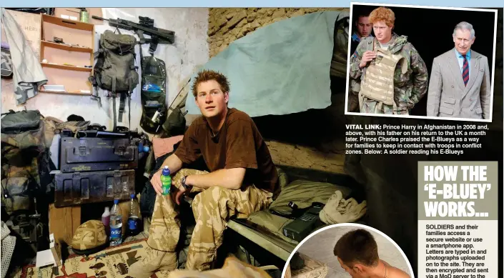  ??  ?? VITAL LINK: Prince Harry in Afghanista­n in 2008 and, above, with his father on his return to the UK a month later. Prince Charles praised the E-Blueys as a way for families to keep in contact with troops in conflict zones. Below: A soldier reading his...