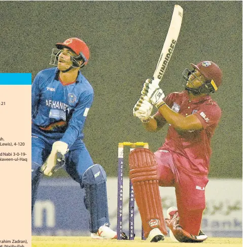  ?? CWI MEDIA PHOTO ?? Opener Evin Lewis (right) smashes a big six during his 68 off 41 balls during the Windies 30 run win over Afghanista­n in their Twenty20 Internatio­nal match at the Atal Bihari Vajpayee Internatio­nal Stadium in Lucknow, India, yesterday.