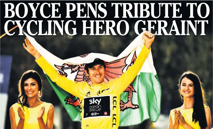  ??  ?? Tour de France 2018 winner Geraint Thomas holds the Welsh flag as he celebrates his overall leader yellow jersey. A celebratio­n of his historic win will be held in Cardiff on Thursday