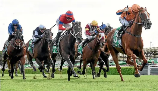  ?? GETTY IMAGES ?? Te Akau Shark, far right, chases a second Group I win in Australia tomorrow in the George Ryder Stakes after his Chipping Norton Stakes success.