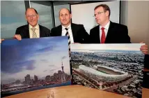  ??  ?? In 2006, Auckland City Mayor Dick Hubbard, left, NZRU chairman Jock Hobbs and Rugby World Cup Minister Trevor Mallard announce the Waterfront Stadium is the Government’s choice for the 2011 Rugby World Cup. The photo on the left shows the planned new...