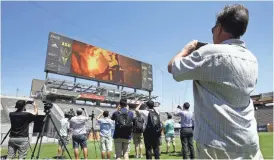  ?? ROB SCHUMACHER/AZCENTRAL SPORTS AZCENTRAL SPORTS ?? Arizona State unveils its new video board at Sun Devil Stadium on Monday. To read more about the 47-by-113 foot video board, visit sundevils.azcentral.com. JEFF METCALFE