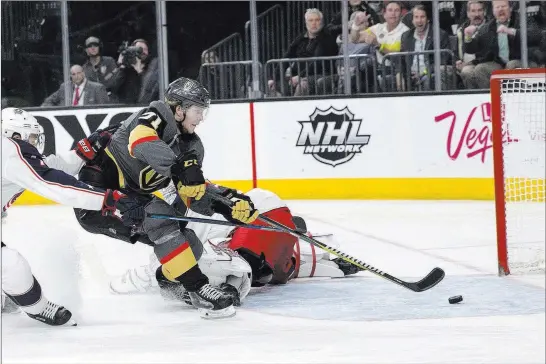  ?? Erik Verduzco ?? Las Vegas Review-journal @Erik_verduzco Golden Knights center William Karlsson scores Jan. 23 against the Columbus Blue Jackets at T-mobile Arena. Karlsson and the Knights play at Columbus on Tuesday.