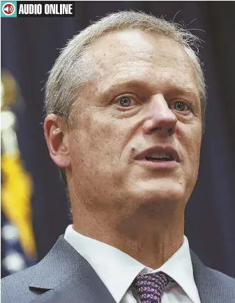  ?? STAFF PHOTO BY NICOLAUS CZARNECKI ?? COURTING TROUBLE: Gov. Charlie Baker may run into trouble courting the votes of Bay State conservati­ves after distancing himself from President Trump.