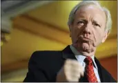  ?? JESSICA HILL — THE ASSOCIATED PRESS FILE ?? Then-Sen. Joseph Lieberman, I-Conn. gestures during a news conference at the state capitol in Hartford, Conn., Dec. 10, 2012.