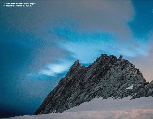  ??  ?? 3h30 du matin. Chambre étoilée au pied de l'aiguille d’Entrèves, à 3 500 m.