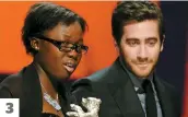  ??  ?? 1. Rachel Mwanza sur le plateau du film Troisièmes noces. 2. La jeune Congolaise a été révélée dans Rebelle. 3. En février 2012, Rachel Mwanza a reçu le prix de la meilleure actrice du Festival de Berlin des mains de l’acteur Jake Gyllenhaal. 3