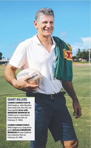  ??  ?? LOCAL HERO: Neil Gregory scored Cairns Connection's only try in the historic 6 points to 4 win against the Brisbane Broncos in a 1991 trial match at Barlow Park. Picture: BRENDAN RADKE