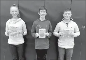  ?? Nicole Badgley ?? Pictured above are the top three in the 2023 Custer County Spelling Bee. From left, Delanie Weinman, Champion; Julian Reynolds Perrin, second: and Elijah Cool, third.