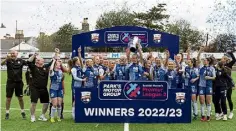  ?? ?? Montrose lift the SWPL 2 title at Links Park on Sunday.