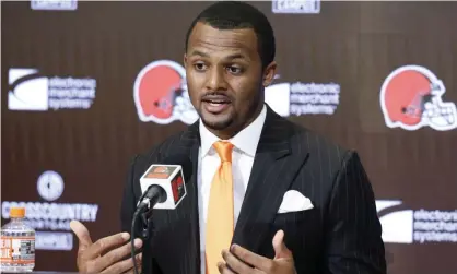  ?? ?? Deshaun Watson speaks to the press after his trade to the Cleveland Browns. Photograph: Ron Schwane/AP