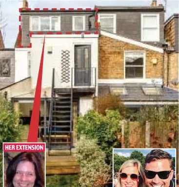  ?? ?? Above: Mrs Ranford’s loft extension is on the left. Left: Banker Mrs Ranford Right: Neighbours the Pecks