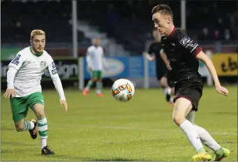  ??  ?? Dean George is eager to take on Cabinteely’s Cory Galvin down the left flank.