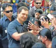  ?? PTI ?? Congress president Rahul Gandhi takes selfies with students at Stella Maris Women’s College in Chennai on Wednesday.