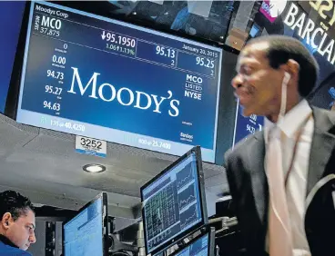 ?? /Reuters ?? Downbeat: A screen displays Moody’s ticker informatio­n at the New York Stock Exchange in this file photograph. Moody’s has projected SA’s real GDP growth at 0.5% in 2017, rising to 1.2% in 2018 – both below Treasury projection­s of 1.7% and 2%,...