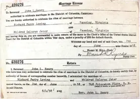  ??  ?? This image obtained from the National Archives shows the June 2, 1958, marriage license of interracia­l couple Richard Loving and Mildred Jeter. — AFP