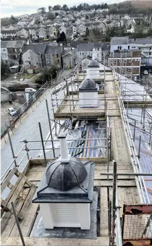  ?? AWEN ?? An aerial view of the restored cupolas as work continues on the redevelopm­ent of Maesteg Town Hall