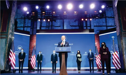  ?? ?? US President- elect Joe Biden speaks during a cabinet announceme­nt event in Wilmington, Delaware on Tuesday. Biden introduced a seasoned national security team he said was prepared to resume US leadership in the world after the departure of President Donald Trump.