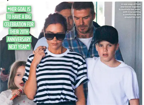  ??  ?? A rare snap of Posh and David together in Australia last week, with Cruz putting a comforting arm around his mum