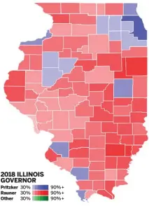  ??  ?? 2018 ILLINOIS GOVERNOR Pritzker Rauner Other 30% 30% 30% 90%+ 90%+ 90%+