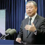  ?? Picture: CARLOS GARCIA RAWLINS/ REUTERS ?? DETAILS TO COME: Taiwan vice foreign minister Alexander Yui speaks at a news conference in Taipei yesterday about Taiwan President Tsai Ingwen’s US stopover