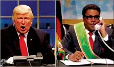  ??  ?? A scene from Saturday Night Live featuring US President Donald Trump (played by Alec Baldwin) in a telephone conversati­on with President Mugabe (portrayed by Kennan Thompson)