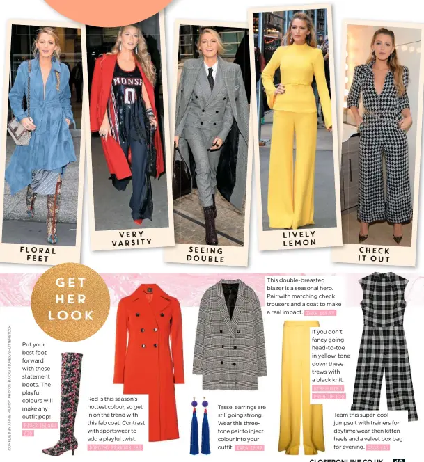  ??  ?? This double-breasted blazer is a seasonal hero. Pair with matching check trousers and a coat to make a real impact. ZARA £69.99
If you don’t fancy going head-to-toe in yellow, tone down these trews with a black knit. Team this super-cool jumpsuit with...