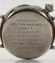  ?? (Photo courtesy of wornandwou­nd.com) ?? Below: Meant to be strapped on the outside of a jacket sleeve, the A-7 was a chronograp­h, meaning it incorporat­ed stopwatch capabiliti­es.