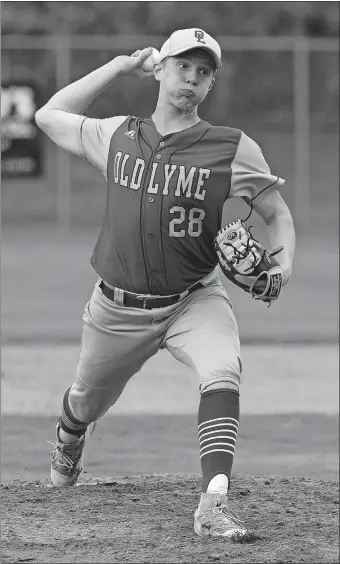  ?? DANA JENSEN/THE DAY ?? Old Lyme’s Hunter Thornton pitched a complete-game three-hitter as the Wildcats beat Fitch 3-2, scoring two runs in the seventh to overtake the Falcons on Friday in Groton.