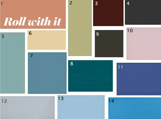  ?? ?? 1. HGTV Home by Sherwin-Williams “Persimmon” 2. Graham & Brown “Viridis” 3. Rust-Oleum “Chocolate Cherry” 4. Behr “Cracked Pepper”
5. Valspar “Renew Blue” 6. Glidden “Limitless” 7. Dunn-Edwards “Skipping Stones” 8. Minwax “Bay Blue” 9. Dutch Boy “Ironside” 10. Dulux “Sweet Embrace” 11. Benjamin Moore “Blue Nova” 12. Sherwin-Williams “Upward” 13. C2 “Thermal” and 14. Krylon “Bluebird.”