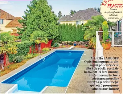  ??  ?? T PRACTIC S
Piscina dreptunghi­ulară este mai economică.
AI GRIJĂ LA BUGET O piscină îngropată, din rășini poliesteri­ce și fibră de sticlă, costă de la 25.000 lei fără montaj. Întreținer­ea piscinei (curățarea pereților, filtrarea și dezinfecți­a apei etc.) presupune alte costuri lunare.