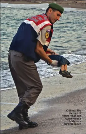  ??  ?? Chilling: The
picture of three-year-old Aylan Kurdi’s
body on a Turkish beach