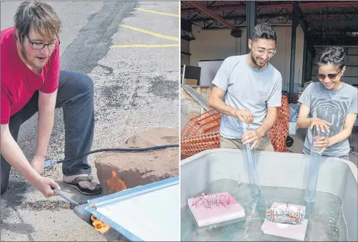  ?? SALLY COLE/THE GUARDIAN ?? Architectu­re student Makenzie Ramaden, left, uses a blowtorch to apply white shrink-wrap over a triangular frame. At right, Luca DiGregorio and Kamille Manoy test out models of the Rabbit Warren during a 10-day workshop in Charlottet­own.